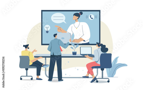 Group meetings using video calling, Team Conversations, Remote teamwork using online video, Friends are talking via video conference, Live communication, Remote working with technology.