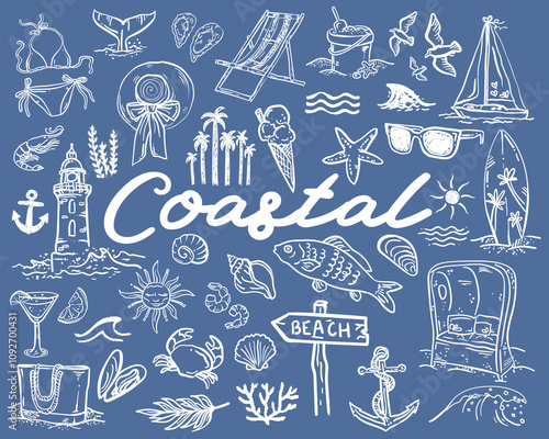 Whimsical coastal hand drawn vector illustrations - collection