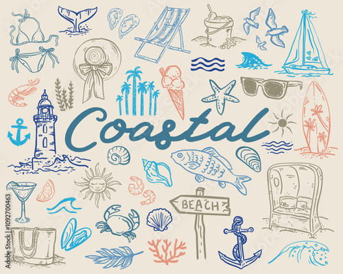 Whimsical coastal hand drawn vector illustrations - collection