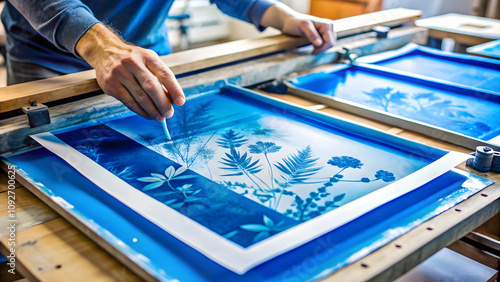 Close-up of craftsman working with blueprints in his workshop. Blue Botanical Cyanotype Artwork with Leaf Imprints