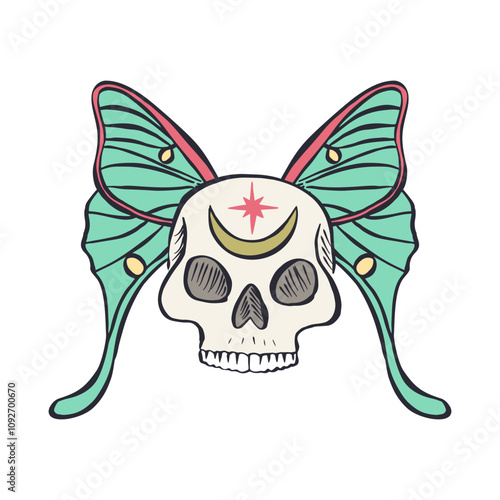 Hand drawn human skull with teal luna moth wings isolated on white background. Bohemian skeleton head with butterfly design