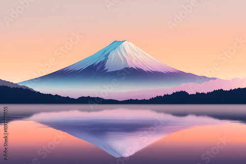 Morning glow of Mt. Fuji and reflection of the lake surface