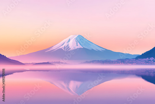 Morning glow of Mt. Fuji and reflection of the lake surface