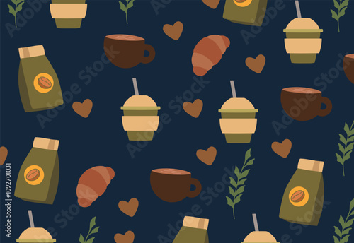 Coffee and leaves seamless pattern