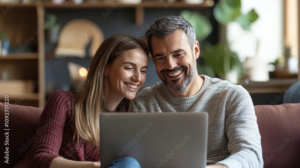 A stylish couple enjoys a light-hearted moment together as they engage with their laptop in a bright, contemporary living room filled with love and connection. A stylish couple enjoys a light-hearted moment together as they engage with their laptop in a bright, contemporary living room filled with love and connection.