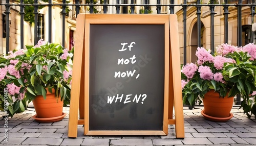 Chalkboard with text written IF NOT NOW, WHEN? - to inspire people to take action now - to not wait for someone else to step up. Calls to action against social injustic photo