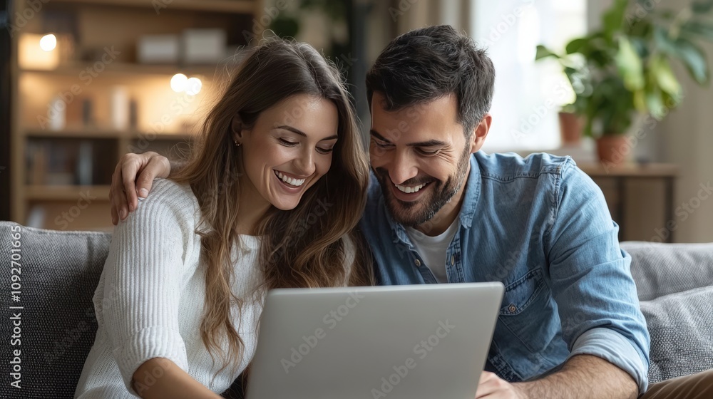 This image depicts a happy couple sharing a bonding moment while looking at a laptop, surrounded by a stylish and cozy home environment full of warmth and joy. This image depicts a happy couple sharing a bonding moment while looking at a laptop, surrounded by a stylish and cozy home environment full of warmth and joy.