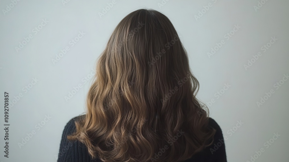 Naklejka premium Beautiful model girl with Brown hair strand,silky healthy chestnut wavy hair strand isolated on white background,hair wavy ribbon, with smooth texture,vibrant shine,brunette hairpiece, hairy ribbon.