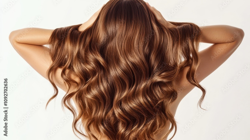 Naklejka premium Beautiful model girl with Brown hair strand,silky healthy chestnut wavy hair strand isolated on white background,hair wavy ribbon, with smooth texture,vibrant shine,brunette hairpiece, hairy ribbon.