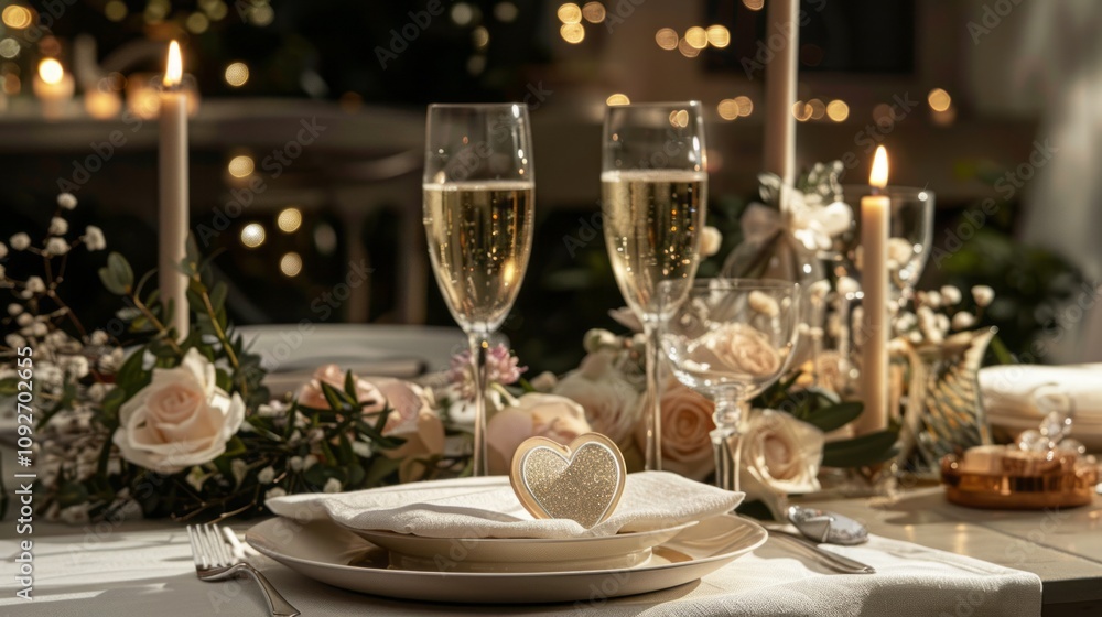 Elegant Dinner Table with Champagne Glasses and Refined Decor Elegant Dinner Table with Champagne Glasses and Refined Decor