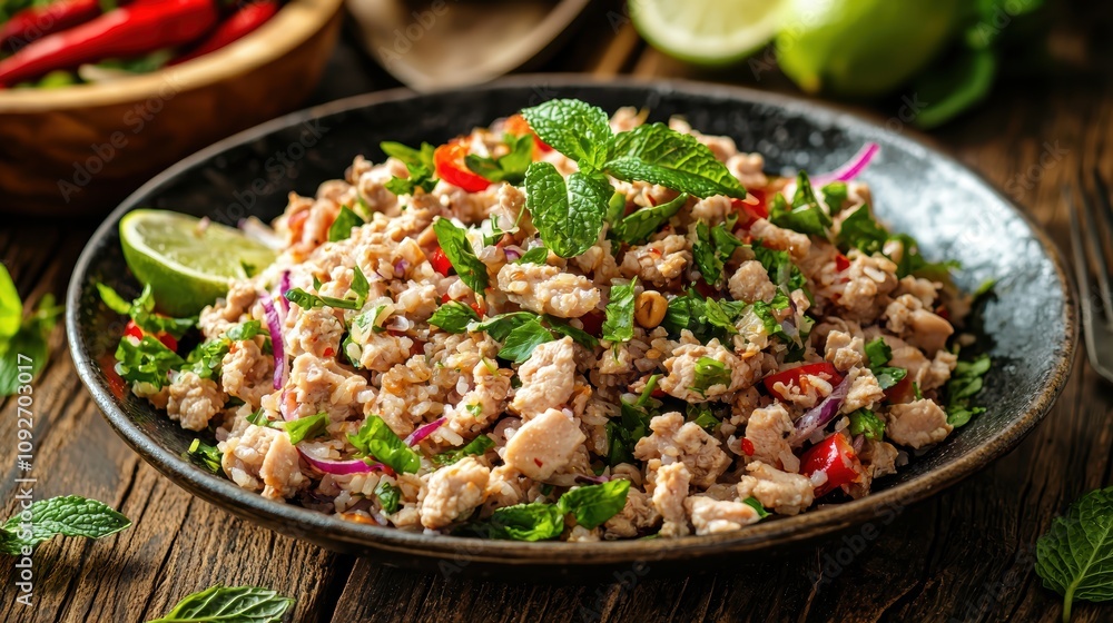 Fresh and Flavorful Thai Chicken Salad with Mint, Chili, and Lime Served on a Wooden Table for a Vibrant Culinary Experience Fresh and Flavorful Thai Chicken Salad with Mint, Chili, and Lime Served on a Wooden Table for a Vibrant Culinary Experience