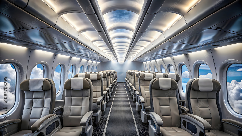 Interior of a commercial airplane with rows of seats Interior of a commercial airplane with rows of seats