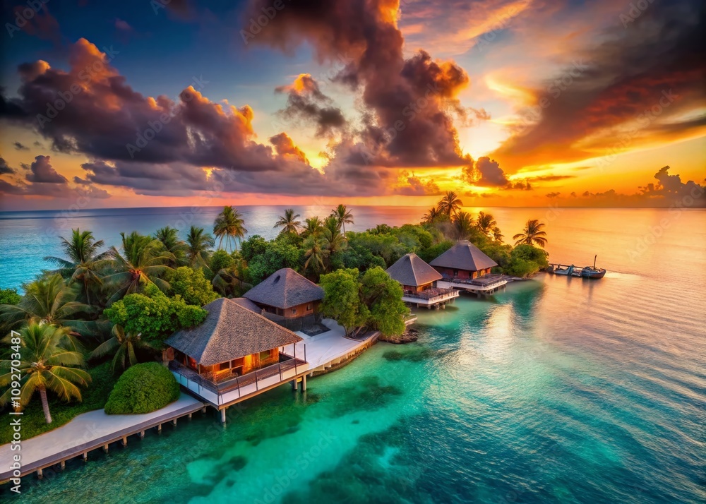 Obraz premium Luxurious Resort on a Serene Tropical Island with Crystal Clear Waters and Lush Greenery, Ideal for Relaxation and Escape, Featuring Private Villas and Stunning Sunsets