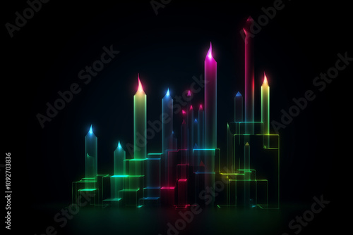A vibrant display of illuminated, stylized candles in various heights and colors, cast against a dark background, creating a mesmerizing, ethereal atmosphere.