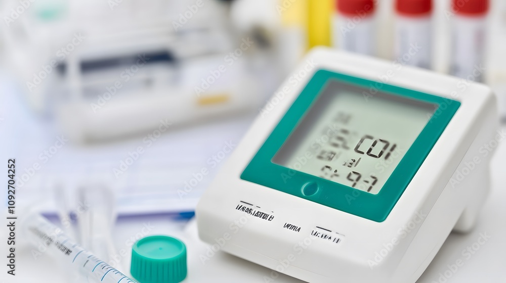 Blood glucose meter displaying test results on a small digital screen, symbolizing the importance of monitoring and managing health, especially for individuals with diabetes. Blood glucose meter displaying test results on a small digital screen, symbolizing the importance of monitoring and managing health, especially for individuals with diabetes.