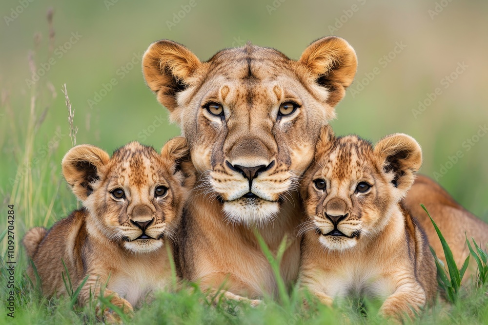 A pride of lions lounging in the shade, with cubs playfully wrestling in the tall grass A pride of lions lounging in the shade, with cubs playfully wrestling in the tall grass