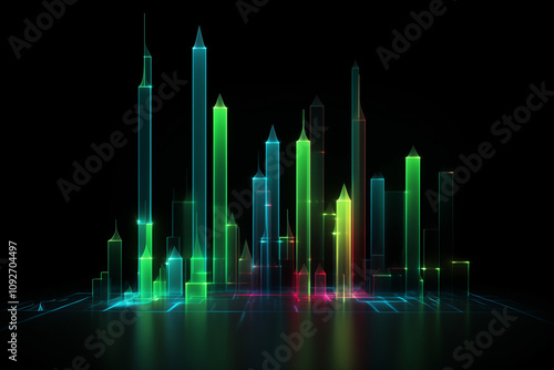 A vibrant, abstract skyline featuring luminous, transparent buildings in shades of blue, green, and red, set against a dark background, creating a futuristic cityscape.
