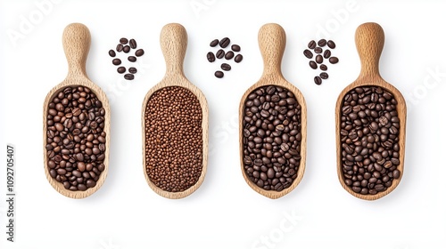 Assorted Coffee Beans in Wooden Scoops on White Background - Gourmet Beverage Concept