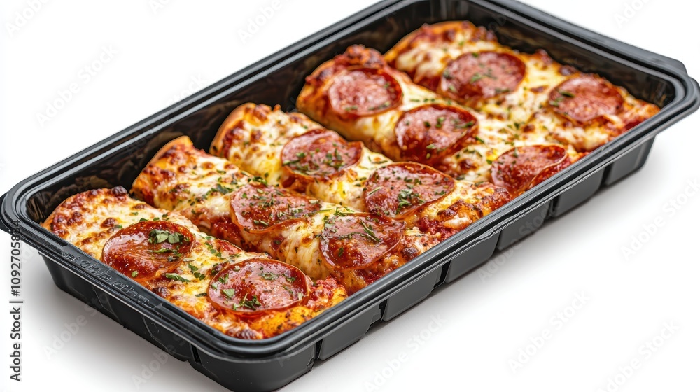 Delicious Pepperoni Pizza with Melted Cheese and Fresh Herbs in a Black Takeout Tray Ideal for Food Delivery or Restaurant Menus Delicious Pepperoni Pizza with Melted Cheese and Fresh Herbs in a Black Takeout Tray Ideal for Food Delivery or Restaurant Menus
