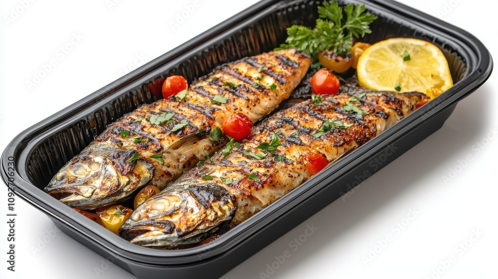 Grilled Fresh Fish Fillet with Herbs and Lemon Slices Served in a Black Container with Cherry Tomatoes and Fresh Parsley for Healthy Eating Grilled Fresh Fish Fillet with Herbs and Lemon Slices Served in a Black Container with Cherry Tomatoes and Fresh Parsley for Healthy Eating