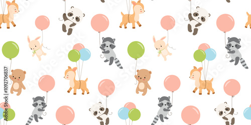 Wallpaper Mural Seamless pattern with cute baby bear and bunny with balloons. Animals characters. Hand drawn illustrations on white background Torontodigital.ca