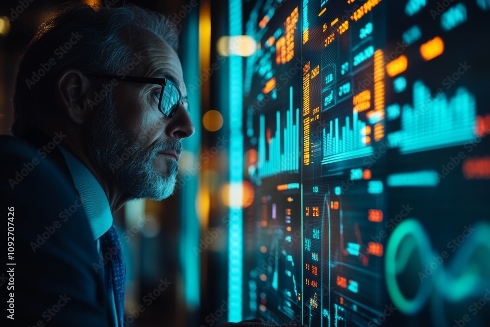 Senior Businessman Analyzing Data on Futuristic Screen Senior Businessman Analyzing Data on Futuristic Screen