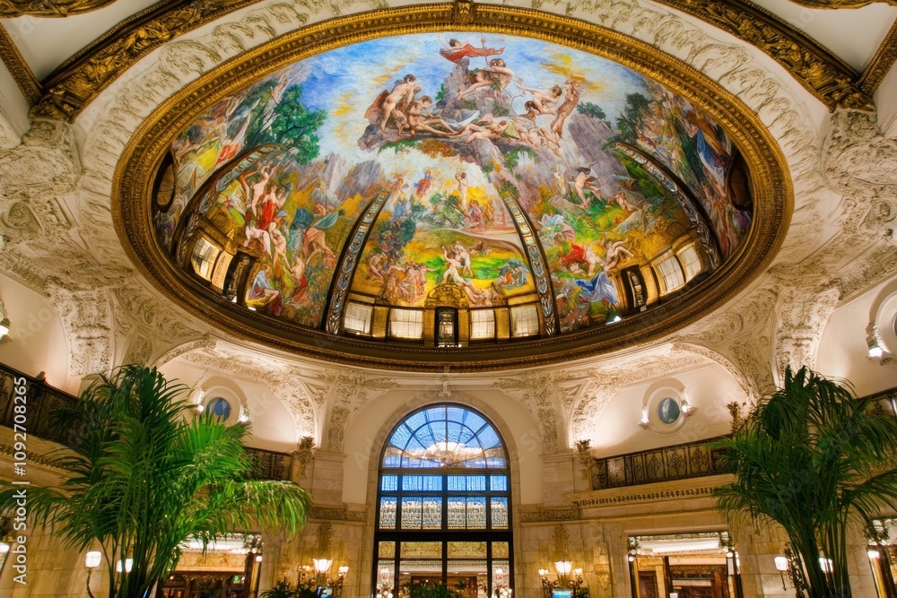 Obraz premium A grand interior featuring an ornate dome with a vibrant mural and lush greenery.