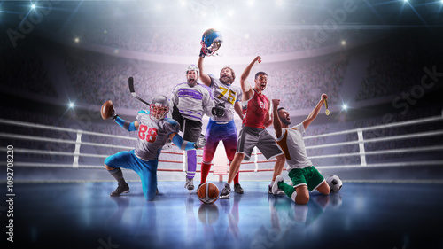 Sports winners. Collage of professional happy sportsmen on sports arena. Football, hockey, basketball, soccer. Sports emotions