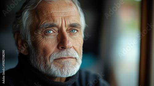 Elderly man with striking blue eyes gazes thoughtfully out the window in a cozy indoor setting during a quiet afternoon. Generative AI