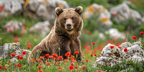 A large brown bear sits in a field of red poppies. The bear is looking directly at the camera. photo