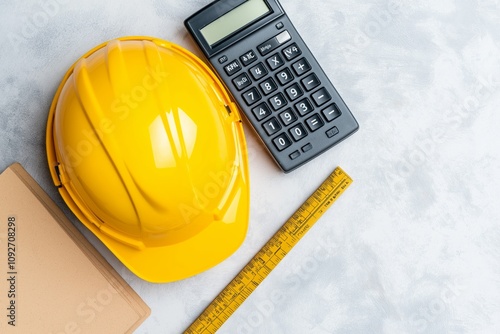 Yellow Construction Helmet with Calculator and Measuring Tape on Concrete Background