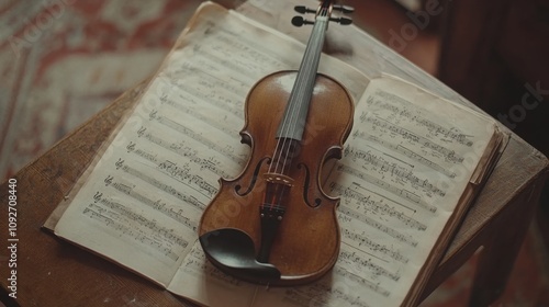 Elegant Vintage Violin Resting on Sheet Music, Showcasing a Beautiful Wooden Finish and Classic Design, Perfect for Music and Arts Related Themes photo