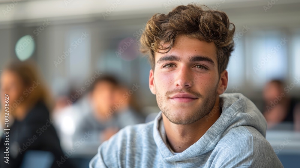 Obraz premium Intelligent-looking young male student, focused and determined, seated in a university classroom setting