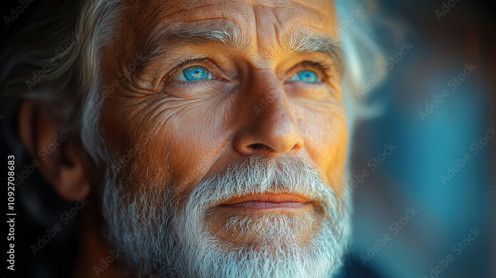 Man with striking blue eyes and weathered features gazing thoughtfully out a window in soft, warm light. Generative AI Man with striking blue eyes and weathered features gazing thoughtfully out a window in soft, warm light. Generative AI