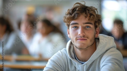 Intelligent-looking young male student, focused and determined, seated in a university classroom setting