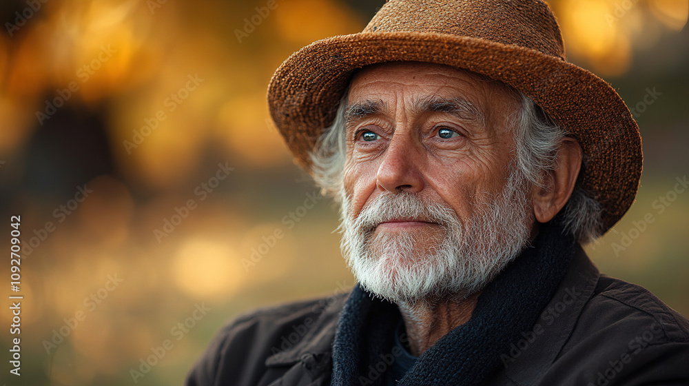Elderly man wearing a straw hat looking contemplatively at nature on a warm autumn afternoon in a tranquil park setting. Generative AI Elderly man wearing a straw hat looking contemplatively at nature on a warm autumn afternoon in a tranquil park setting. Generative AI