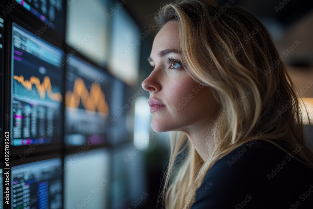 Woman Analyzing Stock Market Data on Monitors Woman Analyzing Stock Market Data on Monitors
