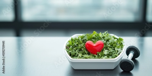 Healthy salad with heart-shaped decoration symbolizes love for nutrition and fitness. photo