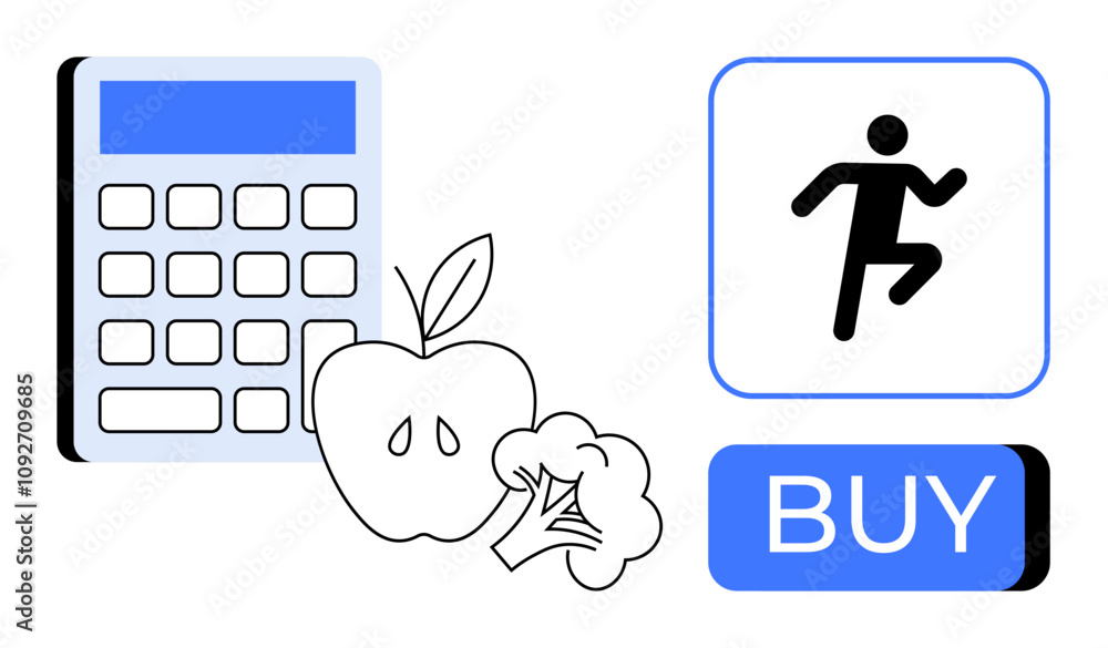 Calculator, apple, broccoli, exercise icon, BUY button. Ideal for health apps, nutrition guides, fitness trackers, e-commerce, wellness programs, diet plans, educational material Line metaphor Calculator, apple, broccoli, exercise icon, BUY button. Ideal for health apps, nutrition guides, fitness trackers, e-commerce, wellness programs, diet plans, educational material Line metaphor