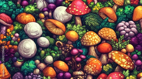 Close up of a colorful and cute mushroom pattern wallpaper depicting various types of mushrooms in vibrant colors, cute, whimsical, organic, decorative, mycology.