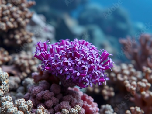 A cluster of small purple flowers blooming on a coral reef, seaweed forest, underwater scene