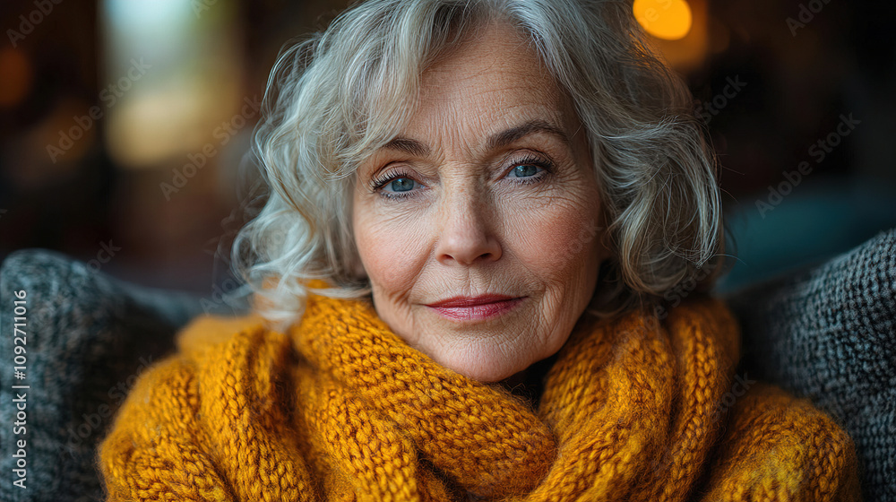 Mature woman with curly hair and warm scarf relaxing indoors during evening hours by soft ambient light. Generative AI Mature woman with curly hair and warm scarf relaxing indoors during evening hours by soft ambient light. Generative AI