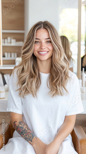 Lächelnde Frau mit gewellten Haaren im Balayage Stil in einem modernen Friseursalon photo