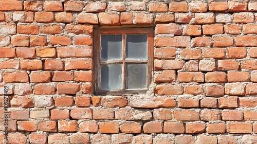 A minimalist photo of a red brick wall with a small vertical window