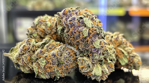 Macro photography of sativa and indica cannabis plant flowers Photo with cannabis bud in modern aesthetic style. Purple medical marijuana flower