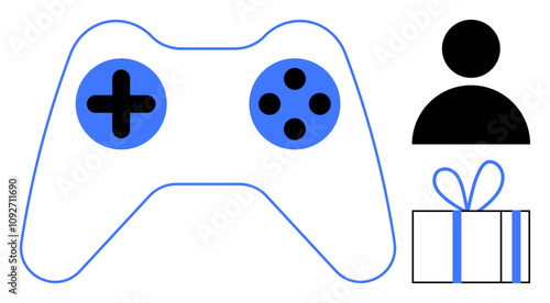 Gaming controller, user icon, and gift box emphasizing interaction, rewards, and community in gaming. Ideal for online gaming, multiplayer experiences, player rewards, community building gaming