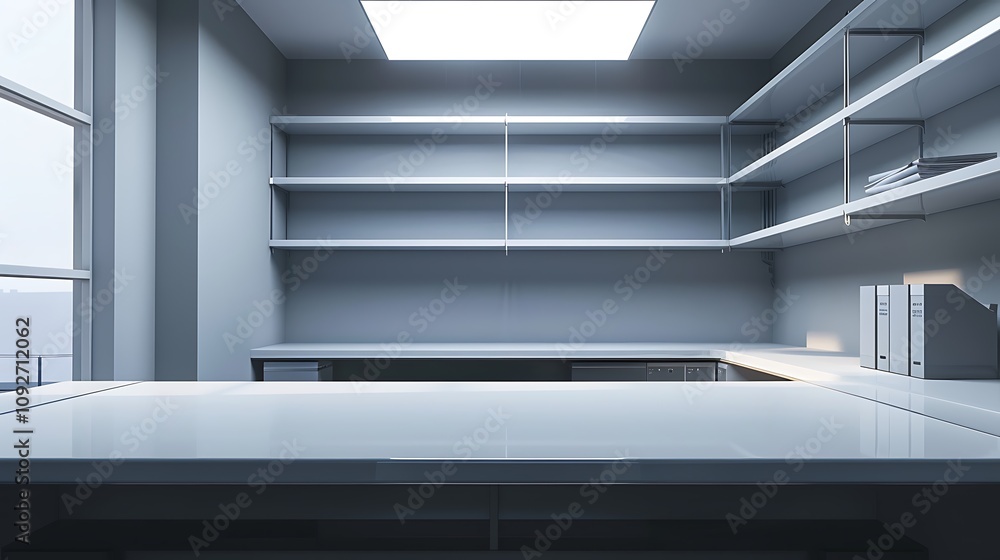 Minimalist Office Desk with Shelves and Natural Light Minimalist Office Desk with Shelves and Natural Light
