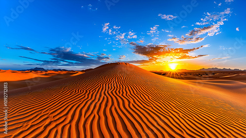 A desert landscape with a large hill and a sun setting in the background. The sky is blue and the sun is setting, creating a warm and peaceful atmosphere