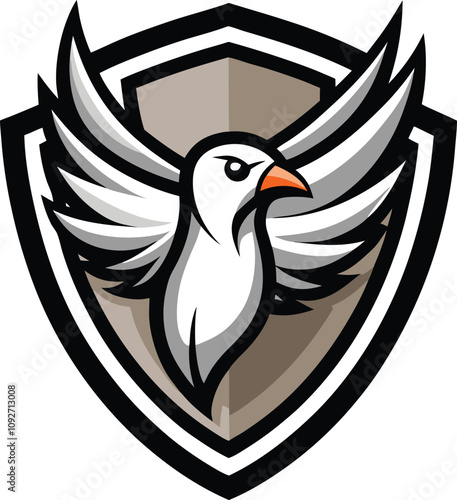 Majestic Dove Emblem: A powerful symbol of peace and protection, this graphic design features a majestic white dove with outstretched wings, nestled within a protective shield.