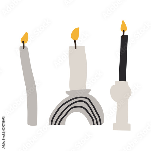 modern thin candles isolated on transparent background. Vector hand drawn flat art of tallow candles, childish naive illustration clip art